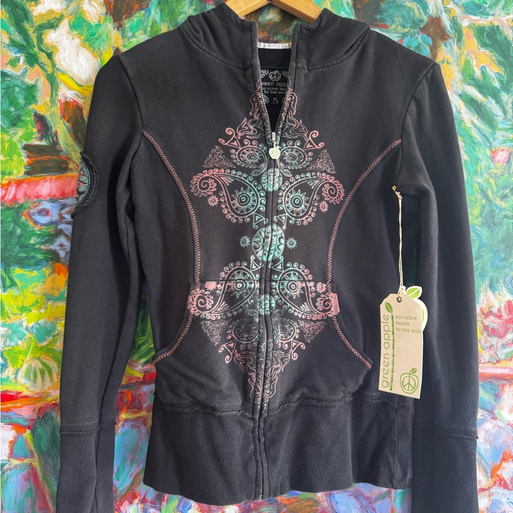 Green Apple Black Jacket with Pink and Blue Embroidery